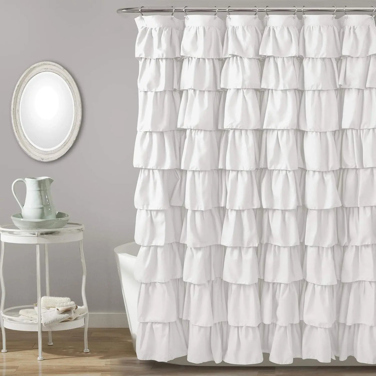 Ruffle Trim Shower Curtain, Soft Washable Polyester Cloth, Fabric Shower Curtain, Shower Curtains Washable, Water-repellent Shower Curtain, Bathroom Accessories, Home Decor Supplies, Waterproof Bathroom Curtain, Bathroom Decoration Accessories