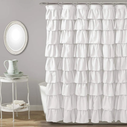 Ruffle Trim Shower Curtain, Soft Washable Polyester Cloth, Fabric Shower Curtain, Shower Curtains Washable, Water-repellent Shower Curtain, Bathroom Accessories, Home Decor Supplies, Waterproof Bathroom Curtain, Bathroom Decoration Accessories