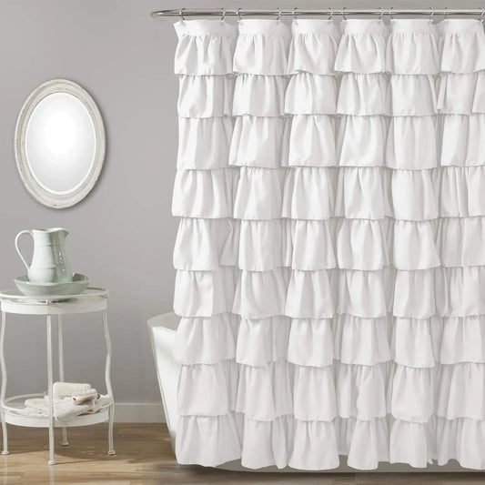 Ruffle Trim Shower Curtain, Soft Washable Polyester Cloth, Fabric Shower Curtain, Shower Curtains Washable, Water-repellent Shower Curtain, Bathroom Accessories, Home Decor Supplies, Waterproof Bathroom Curtain, Bathroom Decoration Accessories