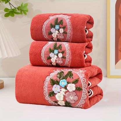 3pcs Embroidered Flower Towel Set, 2 Towels and 1 Bath Towel, Soft Absorbent Household Bath Towel, Bathroom Bath Towel, Face Towel, Towel, Soft and Skin-friendly Suitable for Home Use, Bathing, Seaside Bath Towel.
