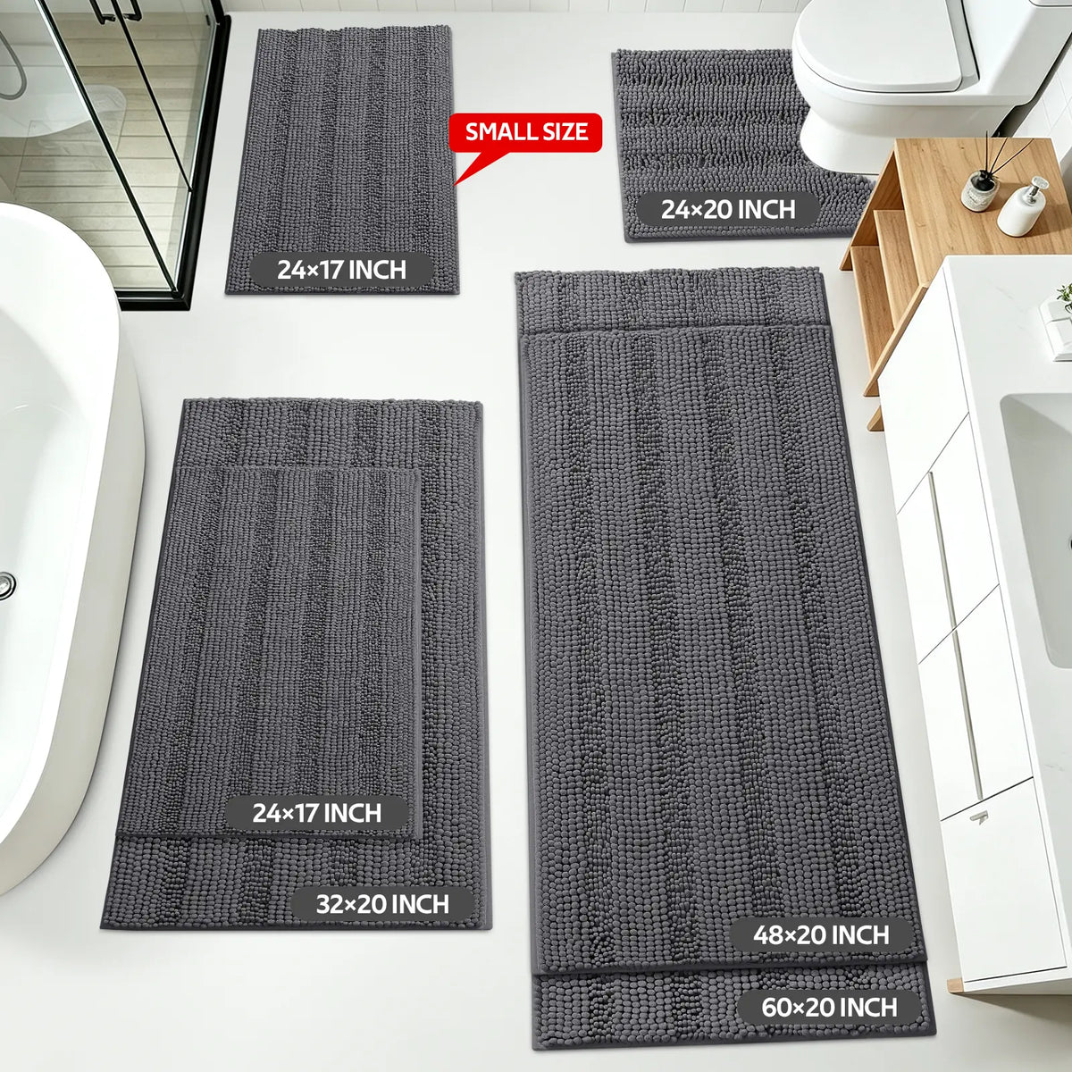 ACCUMTEK 3-Piece Soft Striped Rectangle Chenille Fiber Bathroom Rug Set - Non-Slip, Absorbent, Keeps Floors Dry Plush Shaggy Bath Mats for Bathroom Decor, Home Interior, High Pile