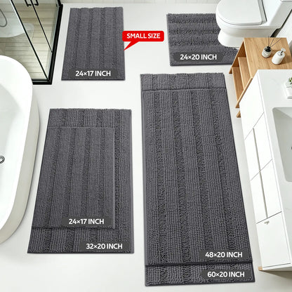 ACCUMTEK 3-Piece Soft Striped Rectangle Chenille Fiber Bathroom Rug Set - Non-Slip, Absorbent, Keeps Floors Dry Plush Shaggy Bath Mats for Bathroom Decor, Home Interior, High Pile
