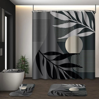 Boho Mid Century Shower Curtain Set with Toilet Lid Cover and Non-Slip Rugs, Abstract Geometric Modern Minimalist Shower Curtain for Bathroom Set with 12 Hooks