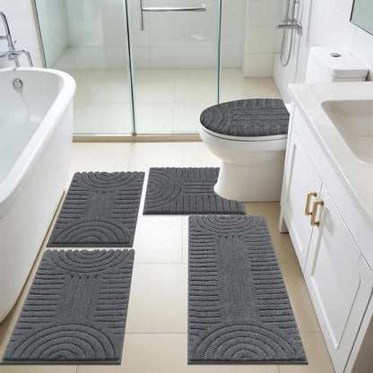 [Back to School] HEBE Washable Bathroom Rugs Sets 5 Piece, Soft Absorbent Microfiber Bath Mat for Bathroom, Non Slip Washable Bath Rug Set with Toilet Cover, Bath Runner and U-Shaped Contour Toilet Rug summerwins,home essentials