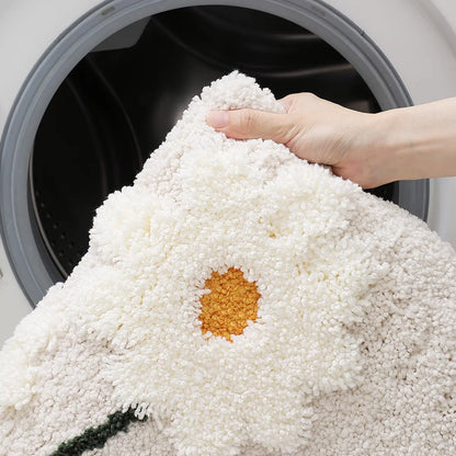 LUMI Bathroom Rugs Cute Daisy, Soft Absorbent Square Bath Mat Non-Slip, Machine Washable Quick Dry White Grey Luxury Rug Flower for Kids Room, Bathtub, Home Decor