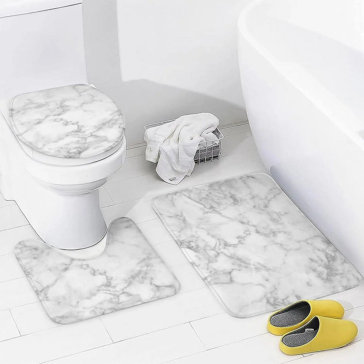 Marble Pattern Bathroom & Restroom Accessories, Shower Curtain Set For Bathroom, 4 Counts/set Including 1 Shower Curtain with 12 Hooks & 1 Toilet Lid Cover & 1 Rectangular Mat & 1 U-shaped Mat, Shower Curtain Sets
