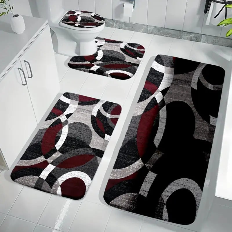 DearTex 3-4pcs Geometric Curved Line Thick Modern Flannel Bath Rug Set - Anti-Skid Custom-Shaped Non-Slip Rubber Water-Absorbent Mats with Washable U-Shaped Toilet Lid Cover Bathroom Accessories, Anti-Skid Bath Mats, Custom-Shaped Bath Mats