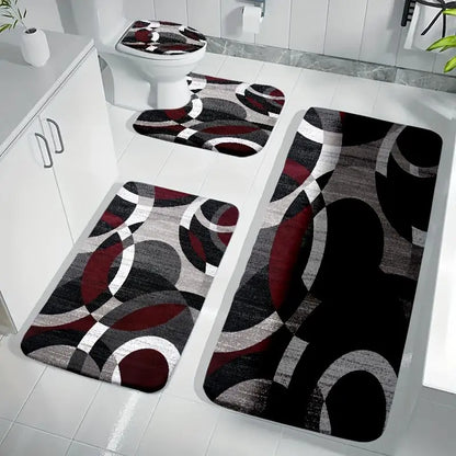 DearTex 3-4pcs Geometric Curved Line Thick Modern Flannel Bath Rug Set - Anti-Skid Custom-Shaped Non-Slip Rubber Water-Absorbent Mats with Washable U-Shaped Toilet Lid Cover Bathroom Accessories, Anti-Skid Bath Mats, Custom-Shaped Bath Mats
