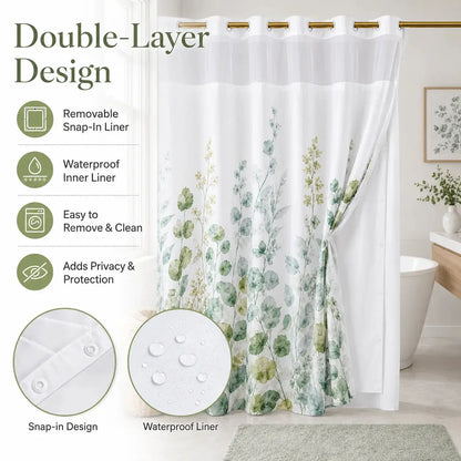 Hookless Shower Curtain Set with Snap-in Liner, Pink Double Layer Floral Botanical Design, Sheer Top Window, 72x75 Inch Waterproof Washable Bathroom Curtain,