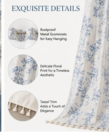 Dakimoe No-Hook Floral Faux Cotton Linen Shower Curtain with Snap-in Fabric Liner Set, Tassels & Sheer Window, Washable Waterproof, Ideal for Bathroom Luxury Decor, 71Wx74H