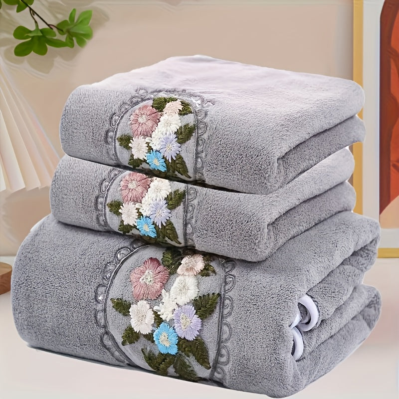 3pcs Embroidered Flower Towel Set, 2 Towels and 1 Bath Towel, Soft Absorbent Household Bath Towel, Bathroom Bath Towel, Face Towel, Towel, Soft and Skin-friendly Suitable for Home Use, Bathing, Seaside Bath Towel.
