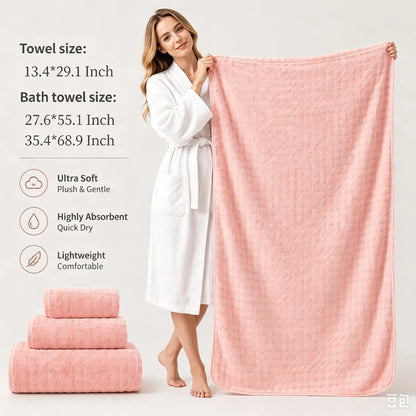 Towel set (face towel + bath towel + beach towel), 3-piece pink bath towel set, soft and skin-friendly, quick-drying with strong water absorption, for women’s daily post-bath body drying, bathroom essentials, a must-have for the home—sharing life’s little