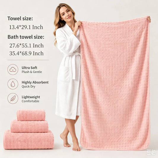 Towel set (face towel + bath towel + beach towel), 3-piece pink bath towel set, soft and skin-friendly, quick-drying with strong water absorption, for women’s daily post-bath body drying, bathroom essentials, a must-have for the home—sharing life’s little