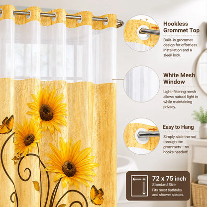 Cyan No Hooks Double-layer Shower Curtain, Daisy Printed Waterproof Fabric, Retro Country Style Home Decoration, Hotel, Dormitory and Bathroom Accessories, 72x75in