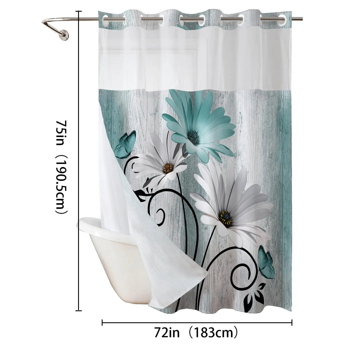 No hooks double-layer Daisy printed shower curtain, Waterproof fabric,Modern style home decoration, hotel, dormitory and bathroom accessories, 72x75in