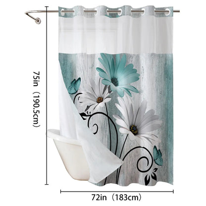 No hooks double-layer Daisy printed shower curtain, Waterproof fabric,Modern style home decoration, hotel, dormitory and bathroom accessories, 72x75in
