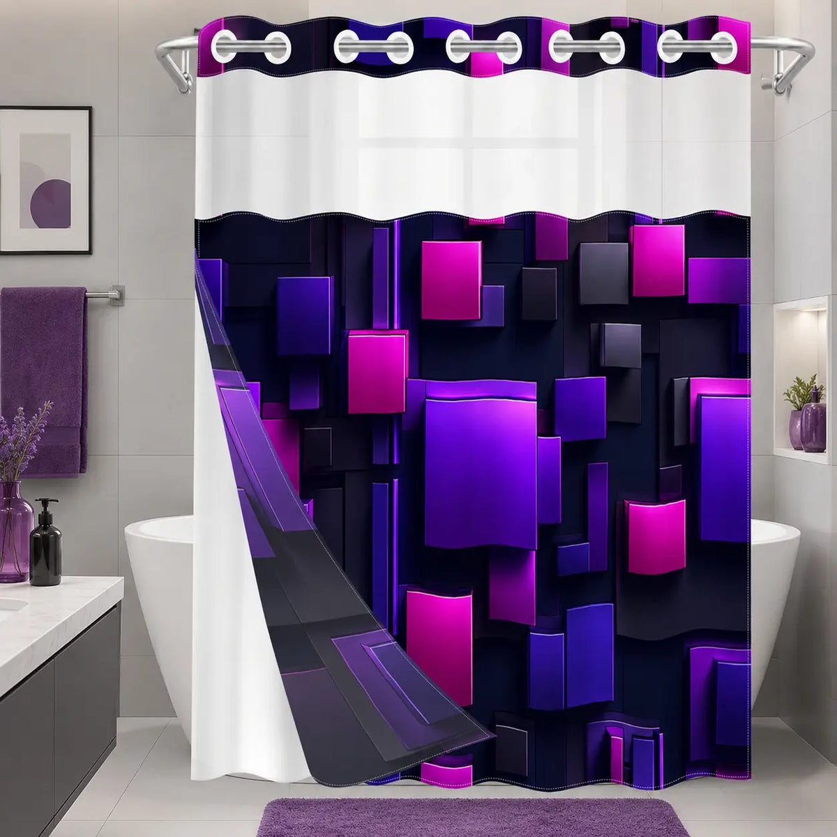 1Pc Hookless Double Layer Shower Curtain, With Removable Snap-in Liner, Black Brown 3D Geometric Block Print, Modern Luxury Bathroom Decor Curtain, Water Repellent Washable Fabric, with Top See-Through Window