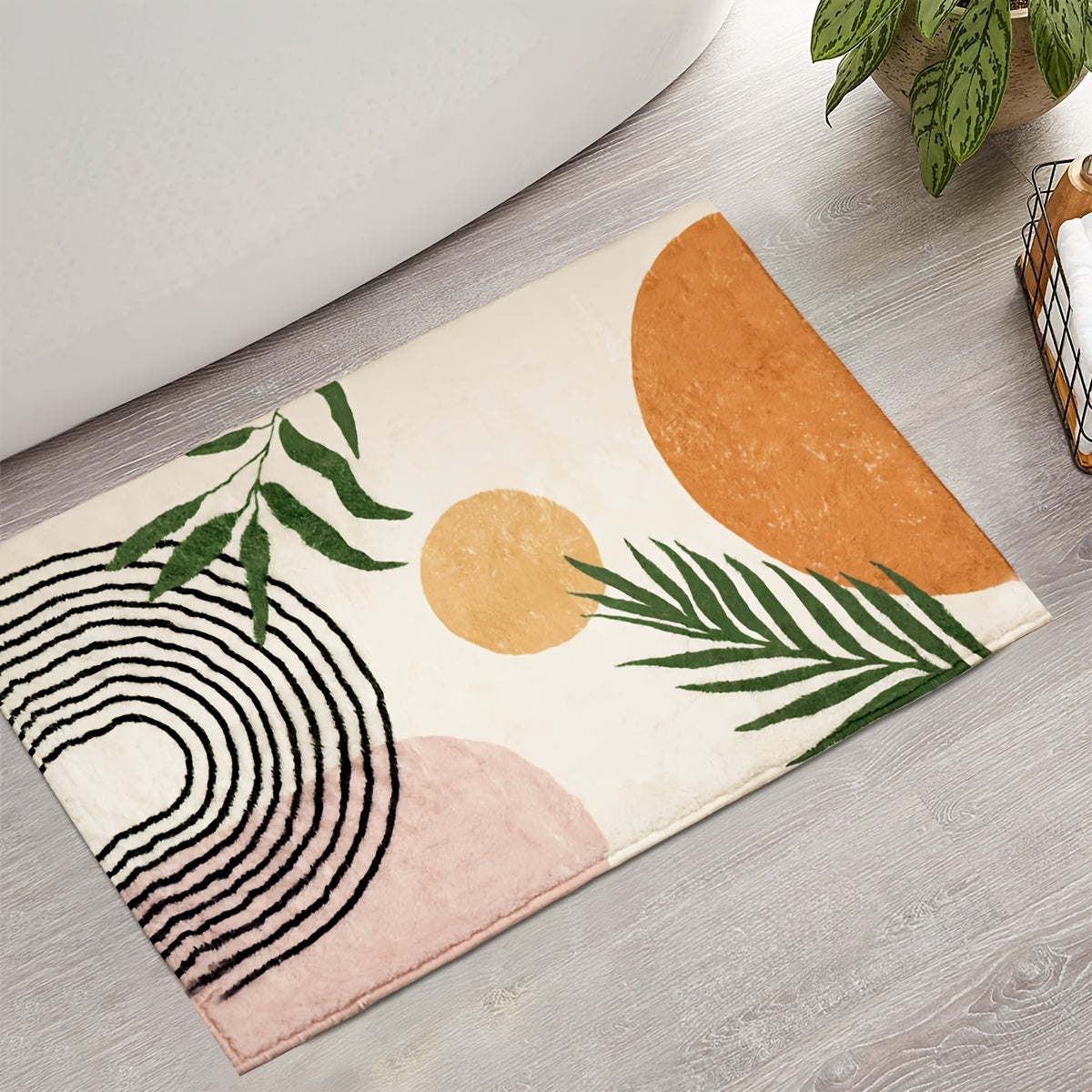 Luxurious Bohemian Style Non-Slip Bath Mat - Soft, Washable 700G Plush Faux Cashmere with TPR Backing, Modern Geometric & Botanical Design, Perfect for Shower & Bathtub, Rectangular, Bath Accessories