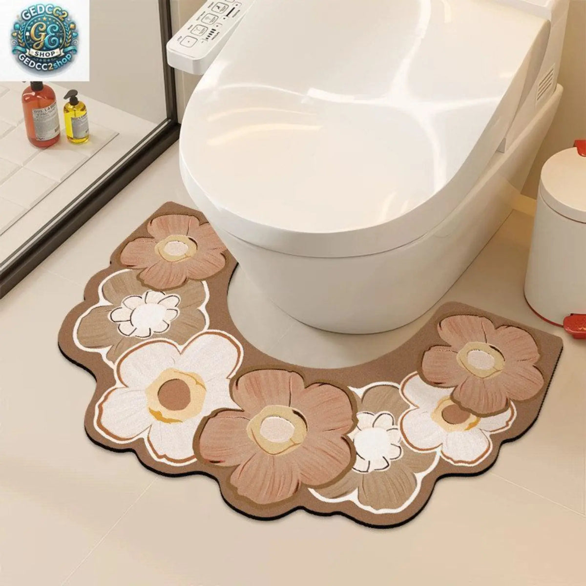 Floral U Shaped Toilet Mat, Diatomaceous Earth Bath Mat for Bathroom, Quick Dry Absorbent Floor Rug with Non Slip Backing, Decorative Toilet Floor Mat