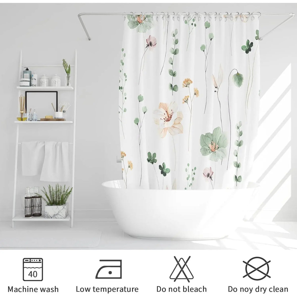 Modern Sage Green and Beige Floral Shower Curtain with Included Hooks