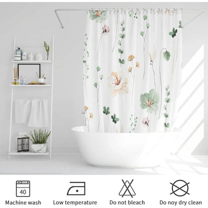 Modern Sage Green and Beige Floral Shower Curtain with Included Hooks