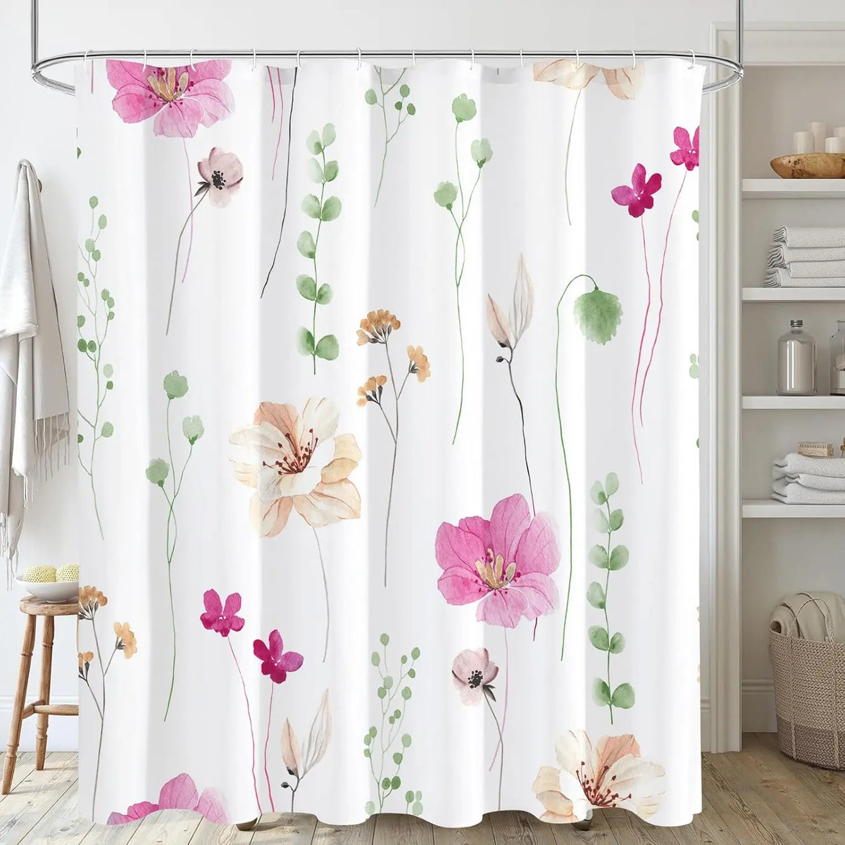 Modern Sage Green and Beige Floral Shower Curtain with Included Hooks