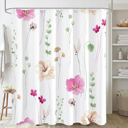 Modern Sage Green and Beige Floral Shower Curtain with Included Hooks