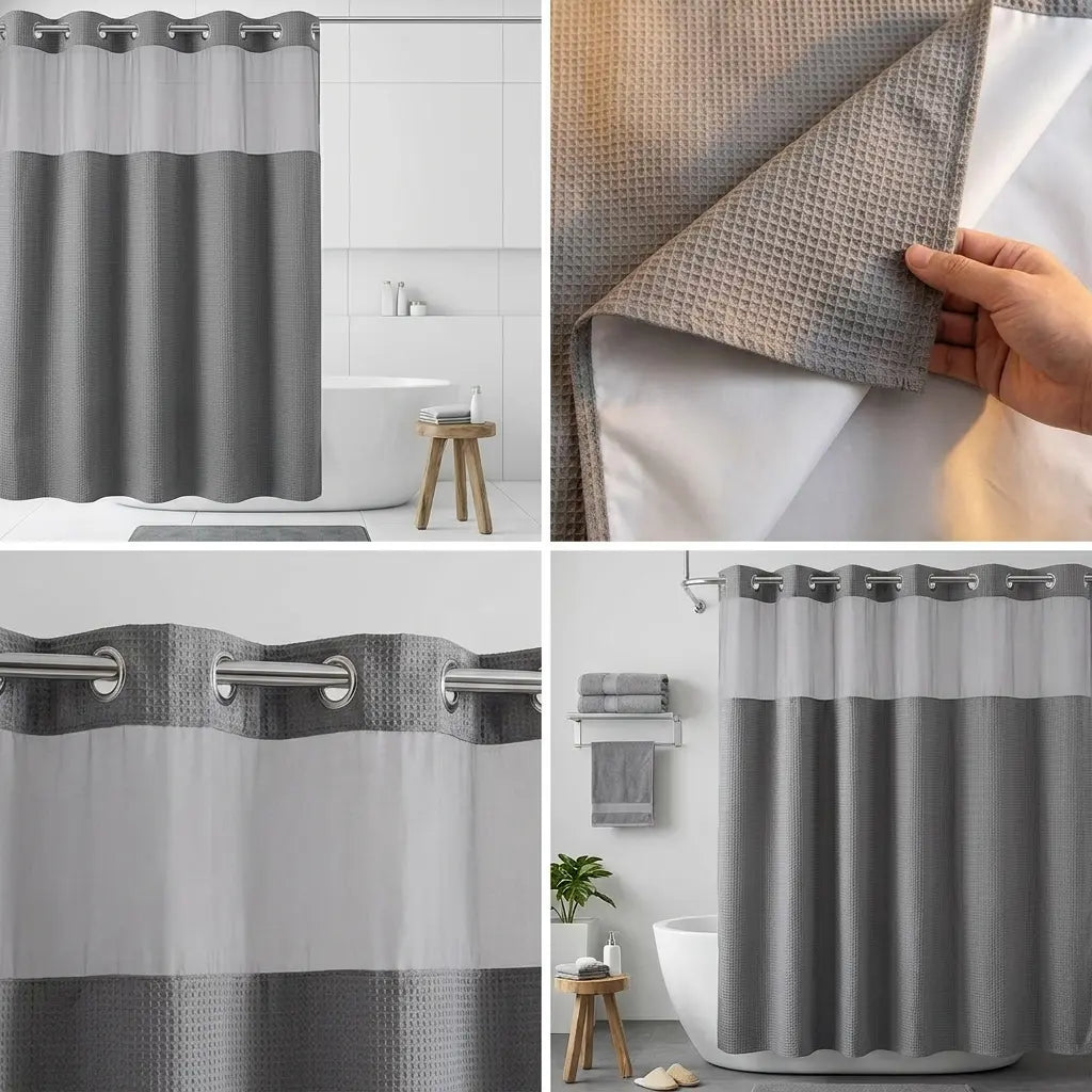 72x75 in Solid Double-Layer Fabric Shower Curtain Set - Waterproof Straight Waffle Weave, Snap-in Liner, Top Sheer Window, Adjustable Rod Compatible, Non-Slip, Modern Dark Grey, Water-Draining Home Bathroom Accessory, Shower Curtains