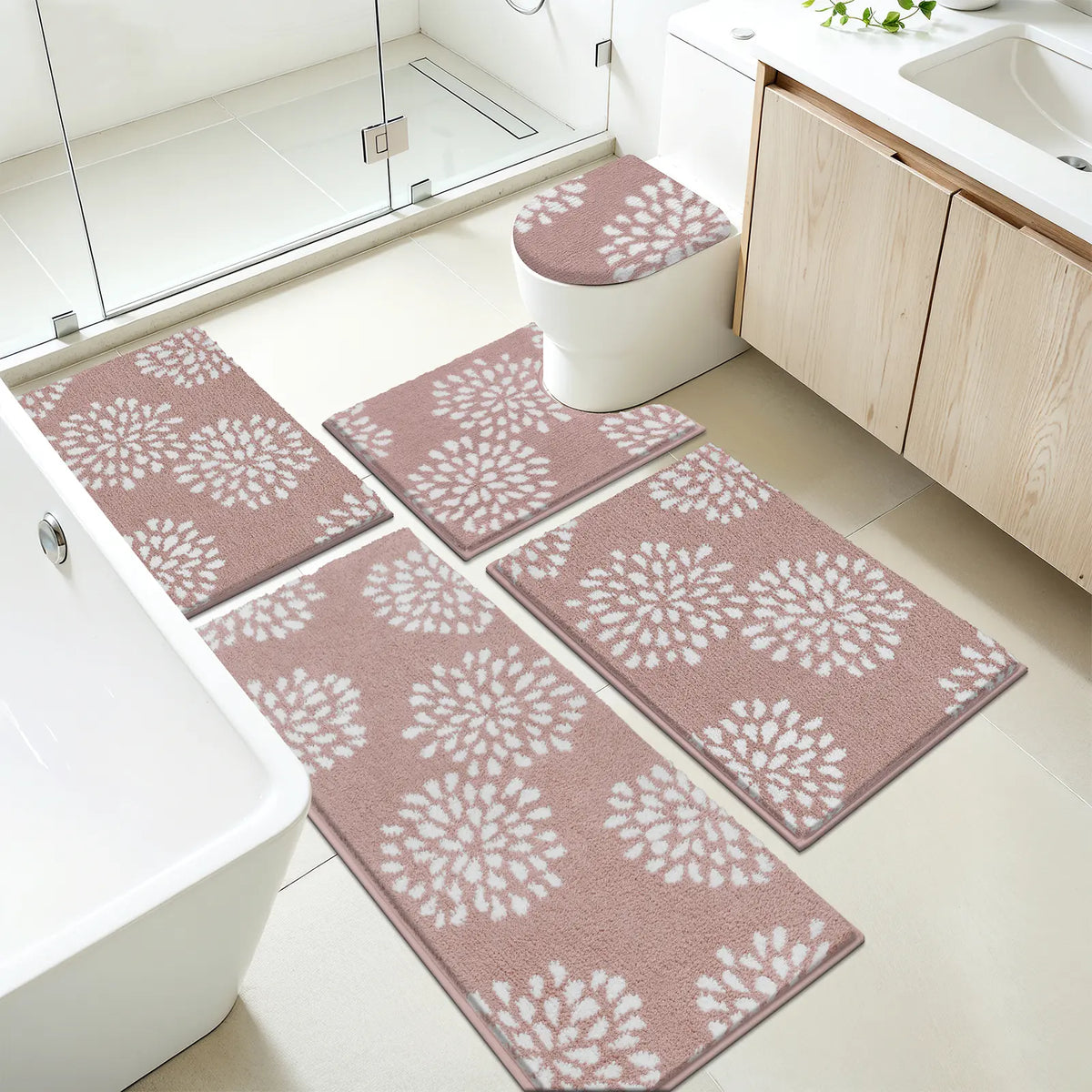 [Back to School] HEBE Washable Bathroom Rugs Sets 5 Piece, Soft Absorbent Microfiber Bath Mat for Bathroom, Non Slip Washable Bath Rug Set with Toilet Cover, Bath Runner and U-Shaped Contour Toilet Rug summerwins,home essentials