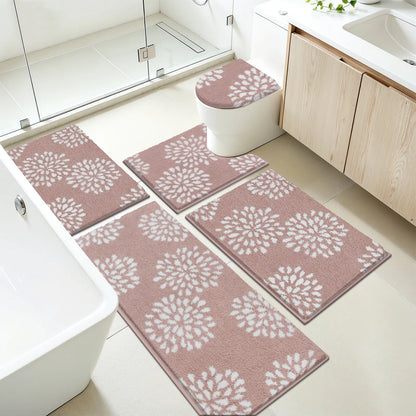[Back to School] HEBE Washable Bathroom Rugs Sets 5 Piece, Soft Absorbent Microfiber Bath Mat for Bathroom, Non Slip Washable Bath Rug Set with Toilet Cover, Bath Runner and U-Shaped Contour Toilet Rug summerwins,home essentials