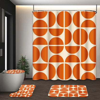 Boho Mid Century Shower Curtain Set with Toilet Lid Cover and Non-Slip Rugs, Abstract Geometric Modern Minimalist Shower Curtain for Bathroom Set with 12 Hooks