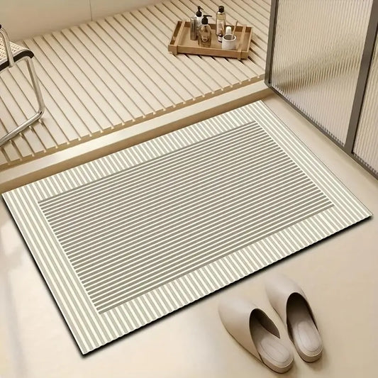 Cream-Colored Striped Border Bath Mat, Non-Slip Quick-Drying Bathroom Mat, Absorbent Doormat for Showers Entryways Balconies, Home Decor