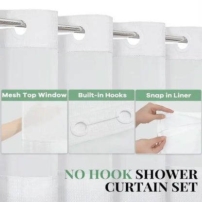 No-Hook Waffle Pattern Modern Waterproof Fabric Shower Curtain with Snap-In Liner, Light Home Bathroom Accessory Set for Hanging Window Use