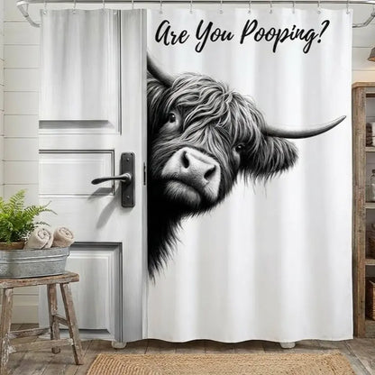 Funny Highland Cow Bathroom Decor Are You Pooping Whimsical Style Stainless Waterproof Shower Curtain for Humorous Home and Gifts Waterproof Fabric Twelve Hook Easy Installation