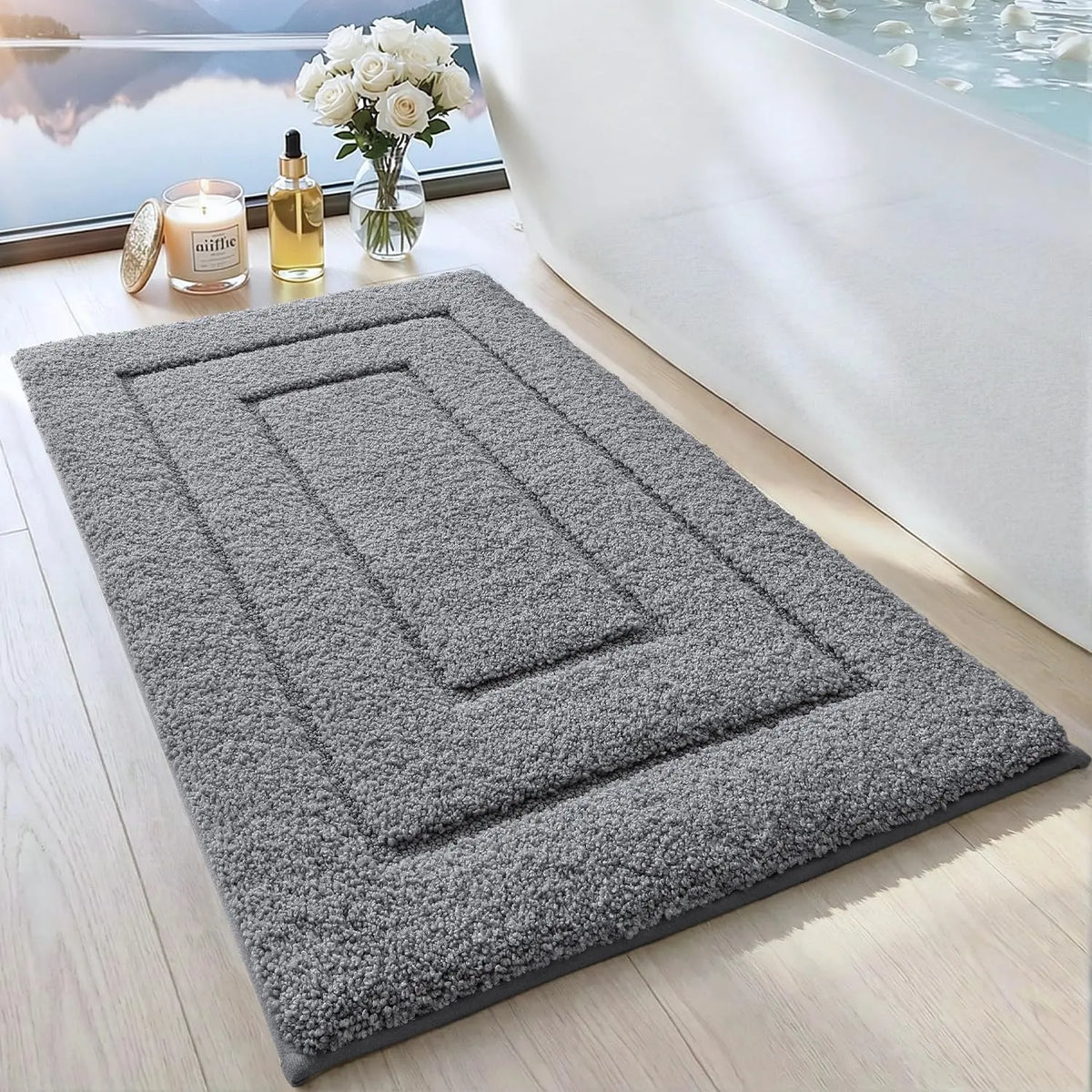 DEXI Bathroom Rug (24x16in), Non-Slip Machine Washable Bath Mat with Rubber Backing, Absorbent Soft Quick-Dry Microfiber Shaggy Indoor Shower Floor Rug, Beige, Machine Washable Rugs,back to school,dorm essentials,home decor,home essentials