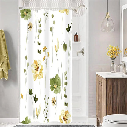Modern Sage Green and Beige Floral Shower Curtain with Included Hooks