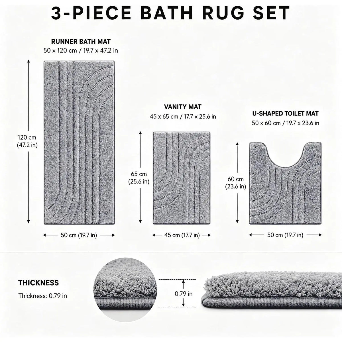 Bathroom Rug Set 3 count,Ultra Absorbent Quick Dry Bathroom Mats | Microfiber Bath Mat Shower Rug Runner Non Slip,Super Soft U Shaped Toilet Mats Floor Carpet,Grey