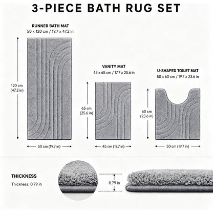 Bathroom Rug Set 3 count,Ultra Absorbent Quick Dry Bathroom Mats | Microfiber Bath Mat Shower Rug Runner Non Slip,Super Soft U Shaped Toilet Mats Floor Carpet,Grey