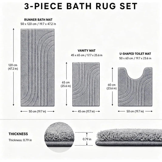 Bathroom Rug Set 3 count,Ultra Absorbent Quick Dry Bathroom Mats | Microfiber Bath Mat Shower Rug Runner Non Slip,Super Soft U Shaped Toilet Mats Floor Carpet,Grey