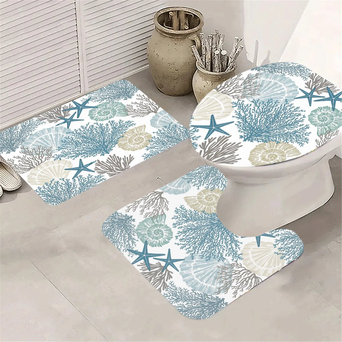 Seaside vacation style coral shell starfish pattern shower curtain, 4-piece bathroom set