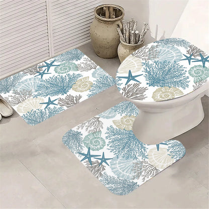 Seaside vacation style coral shell starfish pattern shower curtain, 4-piece bathroom set