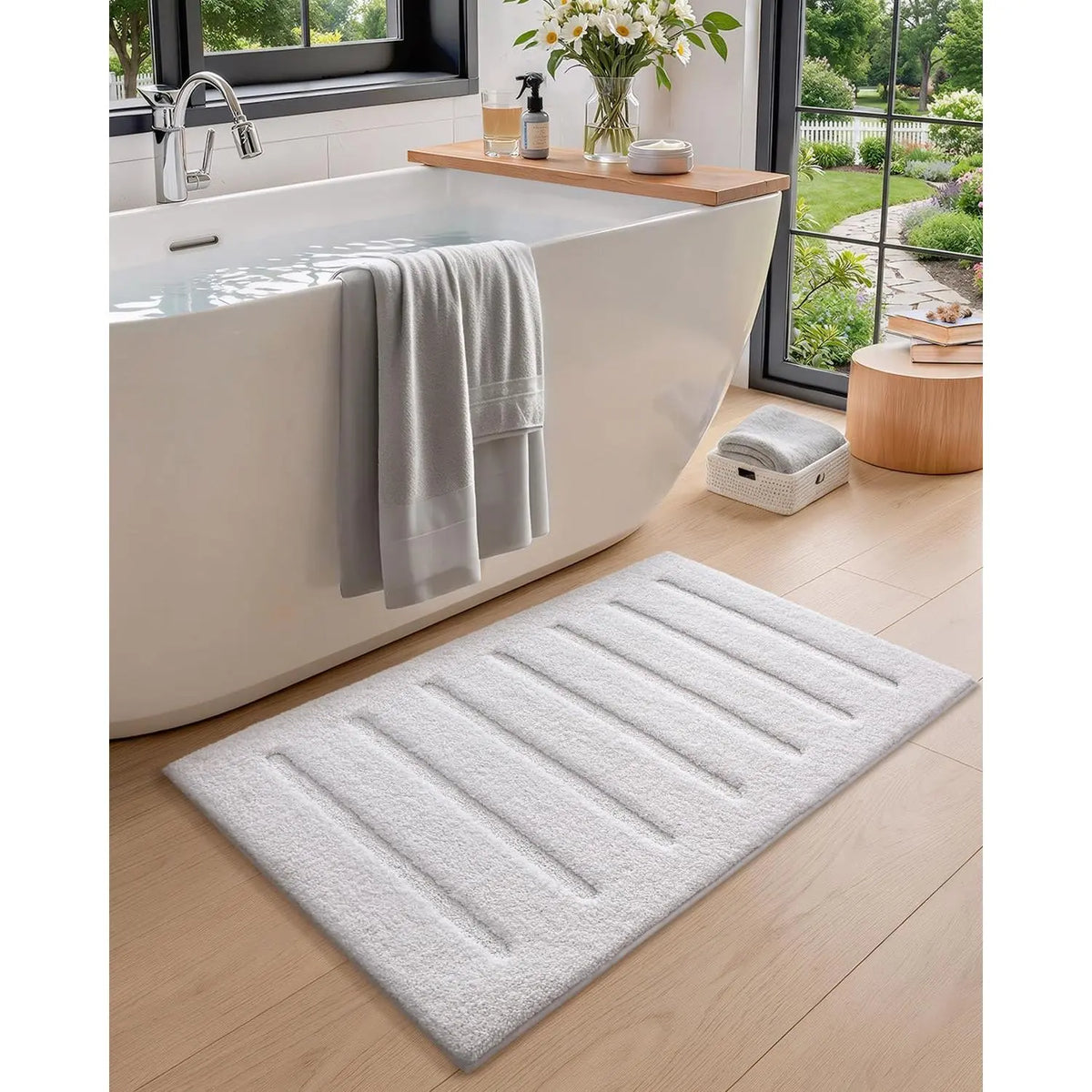 White Bathroom Rugs 30x17, Ultra Soft Absorbent Microfiber Bath Rugs, Washable Plush Striped Bathroom mat, Non-Slip Bath Mats for Bathroom, Bathtub, Shower, Laundry, White