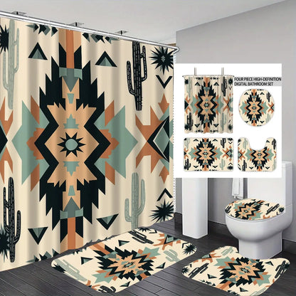 4pcs Bohemian Style Shower Curtain Set with 12 Hooks, Non-Slip Bath Mat, U-Shaped Rug, Toilet Seat Cover, Complete Aesthetic Bathroom Decor