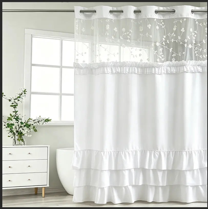 White Hookless Ruffle Shower Curtain with Dual Removable Waterproof Layers, Embroidered Sheer Top, White Plastic Split Rings, Snap-On Washable Bathroom Curtain，71*74inch