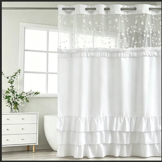 White Hookless Ruffle Shower Curtain with Dual Removable Waterproof Layers, Embroidered Sheer Top, White Plastic Split Rings, Snap-On Washable Bathroom Curtain，71*74inch