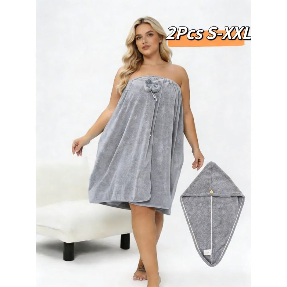 2pcs Bathrobe Plus Dry Hair Cap Set, High-strength Absorbent Adjustable, Suitable For Home Travel, Sweat, Spa, Perfect Bathroom Supplies, Suitable For S-XXXXL, Bath Robes For Women, Ladies' Bath Towel, Wash Cloths