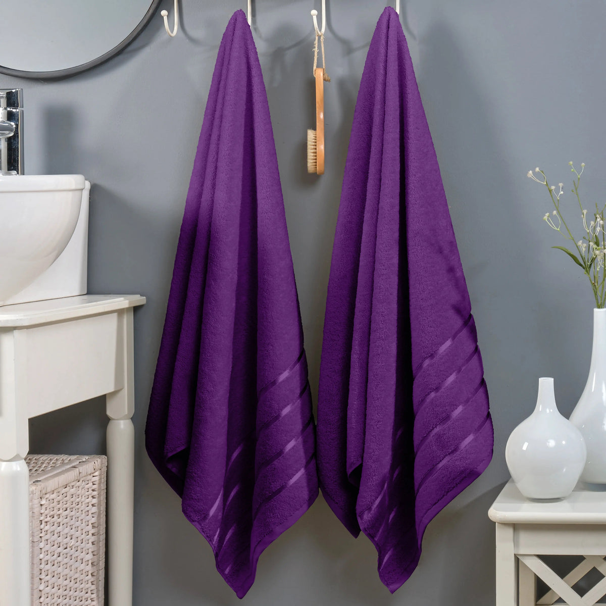 Mocassi Fluffy Thick 2-Pack Premium Turkish Cotton 4-Line Stripe Bath Towel Set, Absorbent Breathable Water-Absorbent Body Towels, 27x54 in