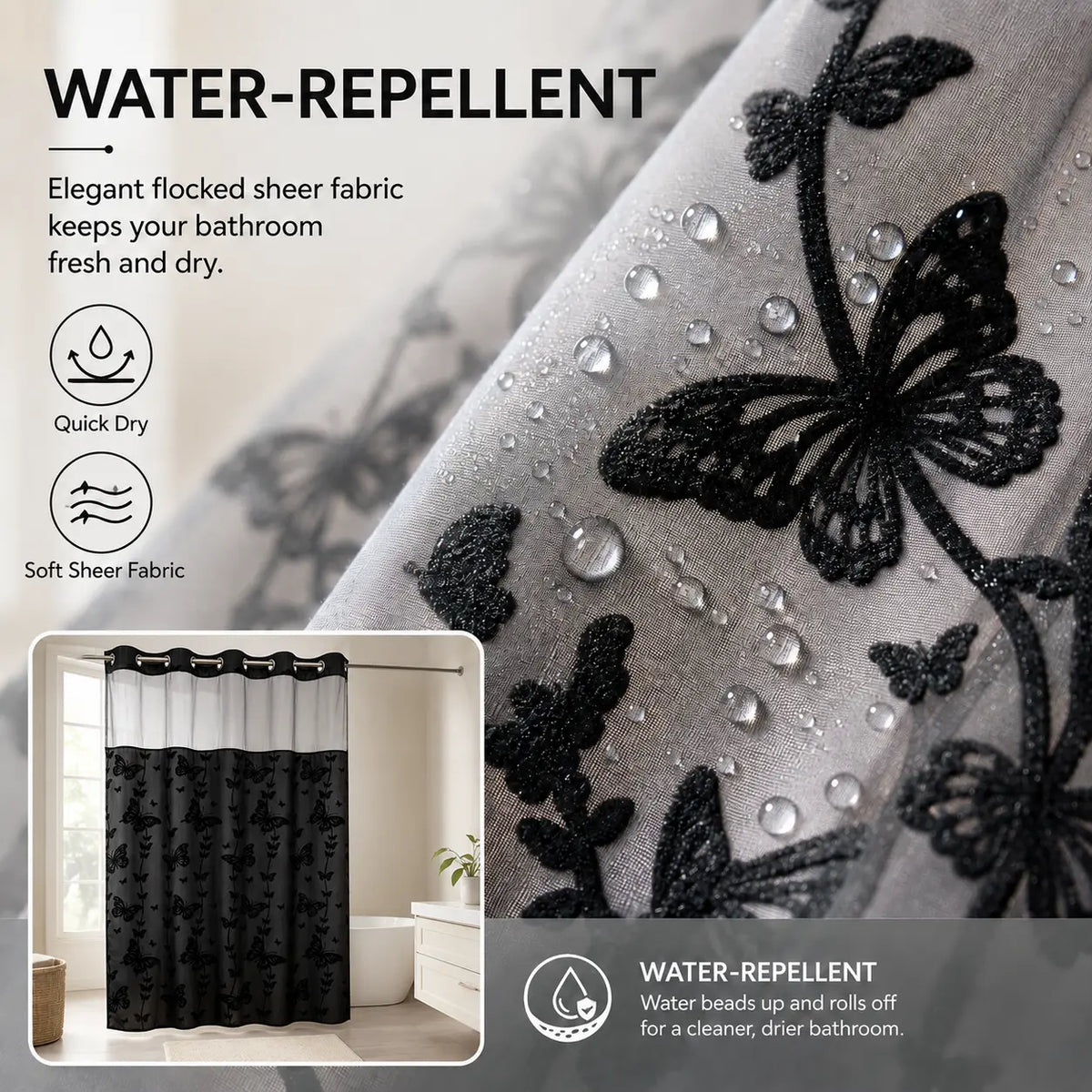 Hook-Free Double-Layer Butterfly Flocked Shower Curtain with Mesh Top Window | No-Drill Installation | Easy Setup for Airbnb, Hotel & Modern Home Décor | 71 × 74 in