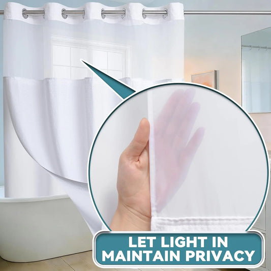 No-Hook Waffle Pattern Modern Waterproof Fabric Shower Curtain with Snap-In Liner, Light Home Bathroom Accessory Set for Hanging Window Use