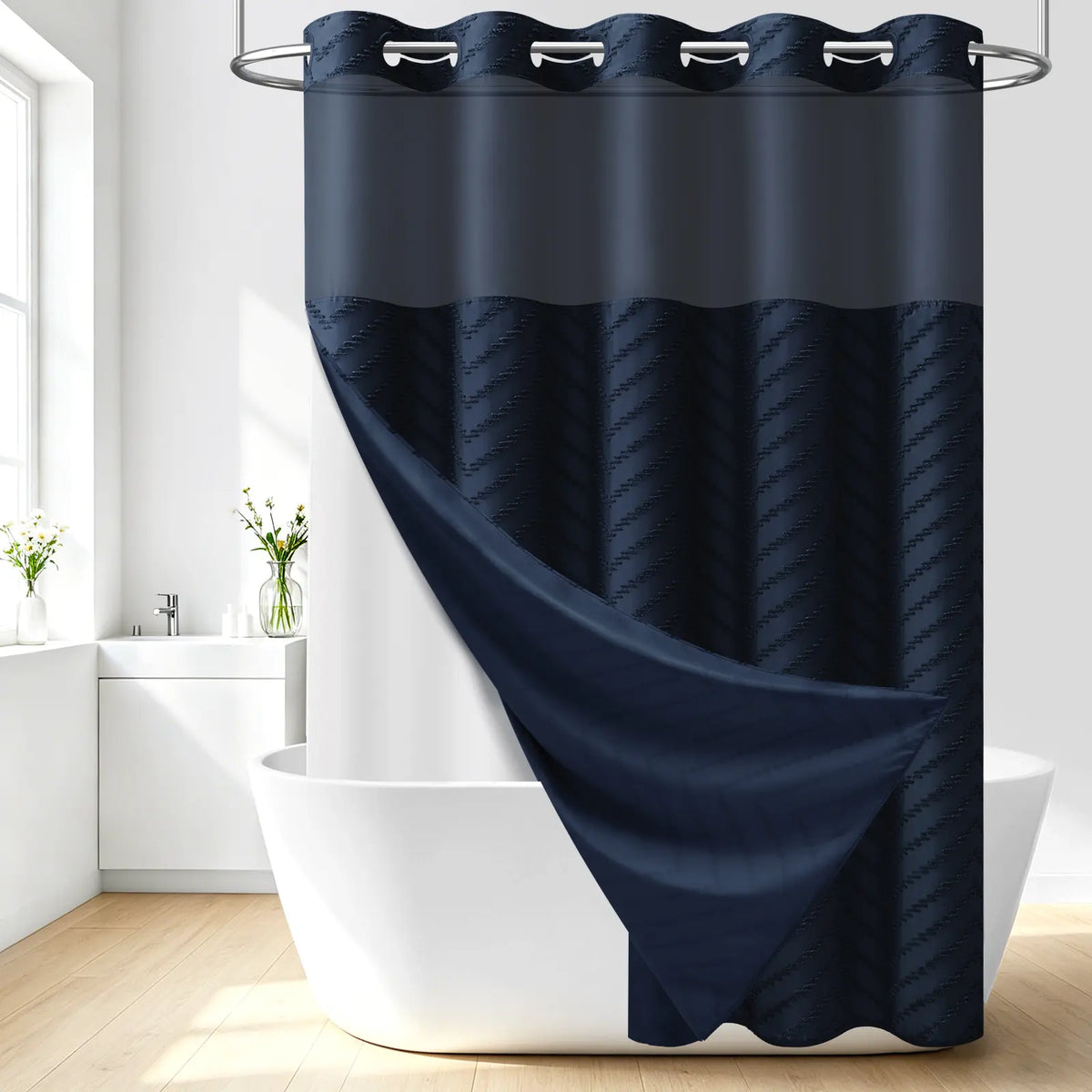 DYNAMENE 3-in-1 Hook-Free Boho Tufted Chevron Striped Shower Curtain Set, Snap-In Magnetic Waterproof Liner, Modern Textured Design, Sheer Light View Window - Hook-Free Setup Saves Bathroom Time, Waterproof Liner Helps Keep Walls Dry